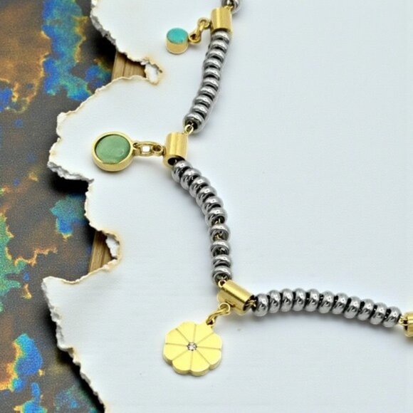 πBoho Chic Two Tone 18K Gold Plated Stainless Steel Necklace Floral Charm - Picture 9 of 13